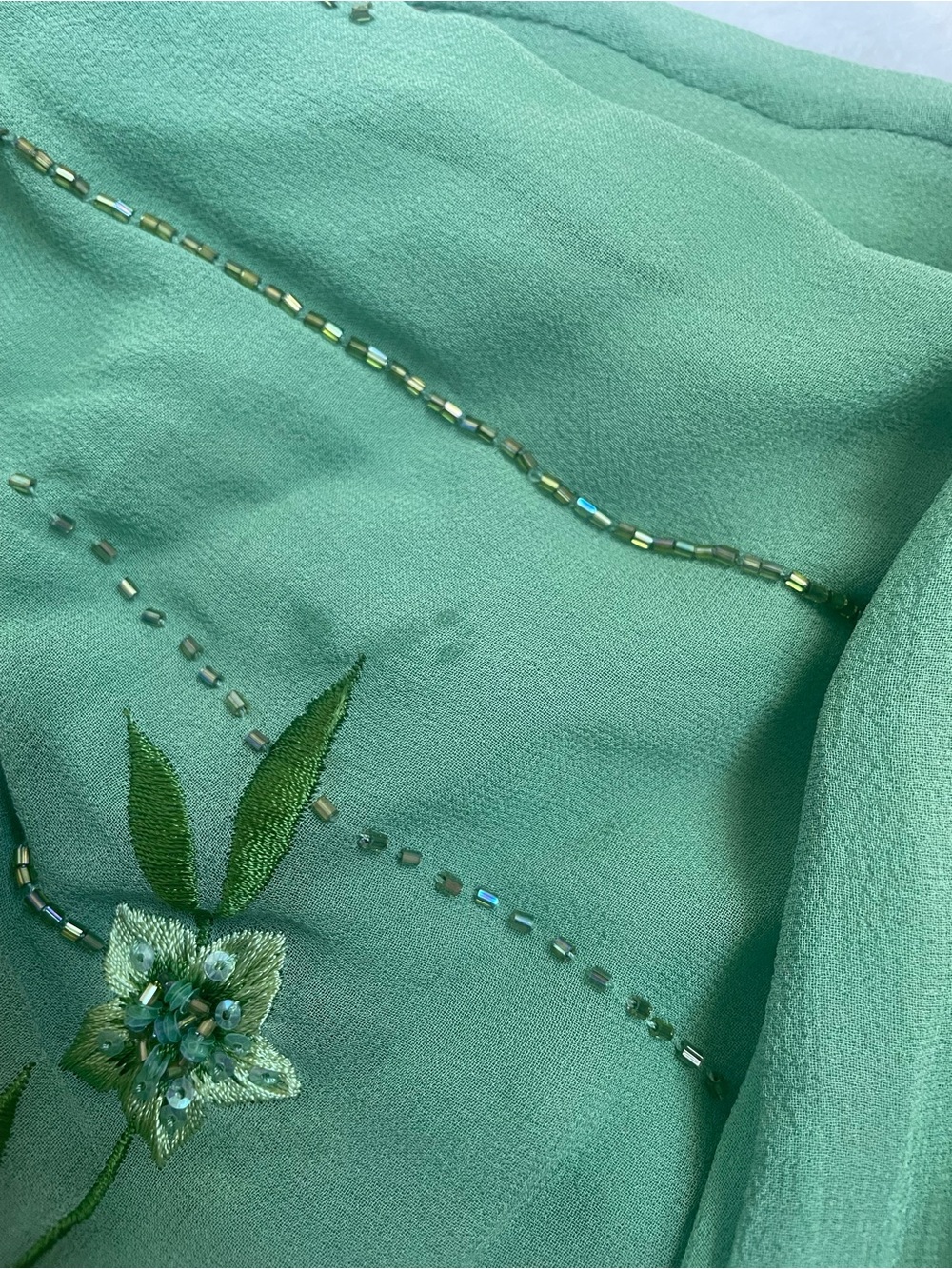 Rare VTG 100% Silk Sue Wong Fairy floral beaded Lime Green Dress w/ Silk Scarf - Picture 14 of 16